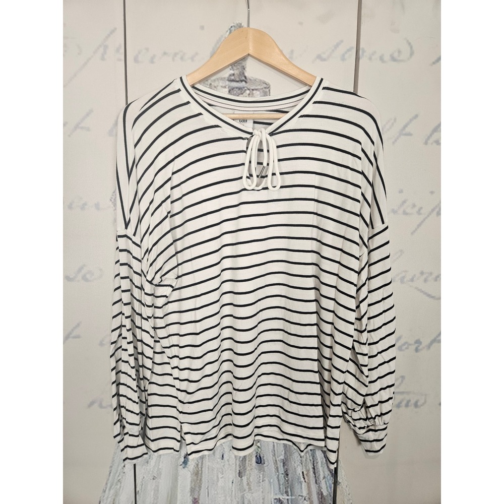 Cabi Serenity Tee White Black Striped Long‎ Sleeve Tie Neck Top Womens Medium